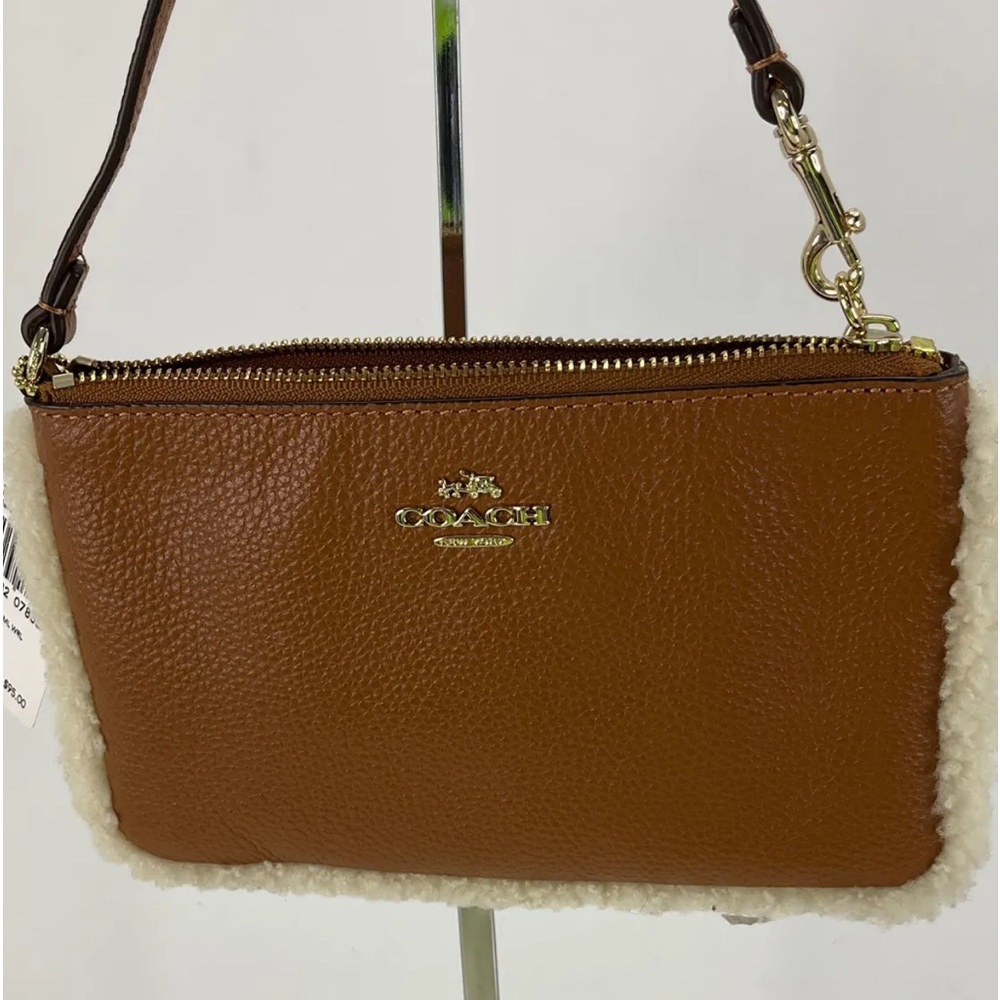 NWT COACH Nolita Saddle Brown Pebbled Leather & Shearling Edged Top Zip Wristlet